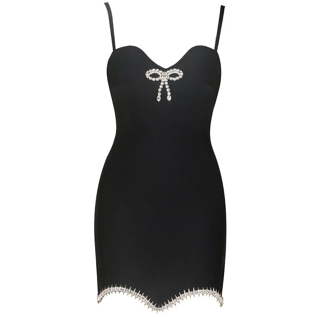 Crystal Bow Detail Sweetheart Cami Studded Curved Hem Mini Bandage Dress - Black - Image 3