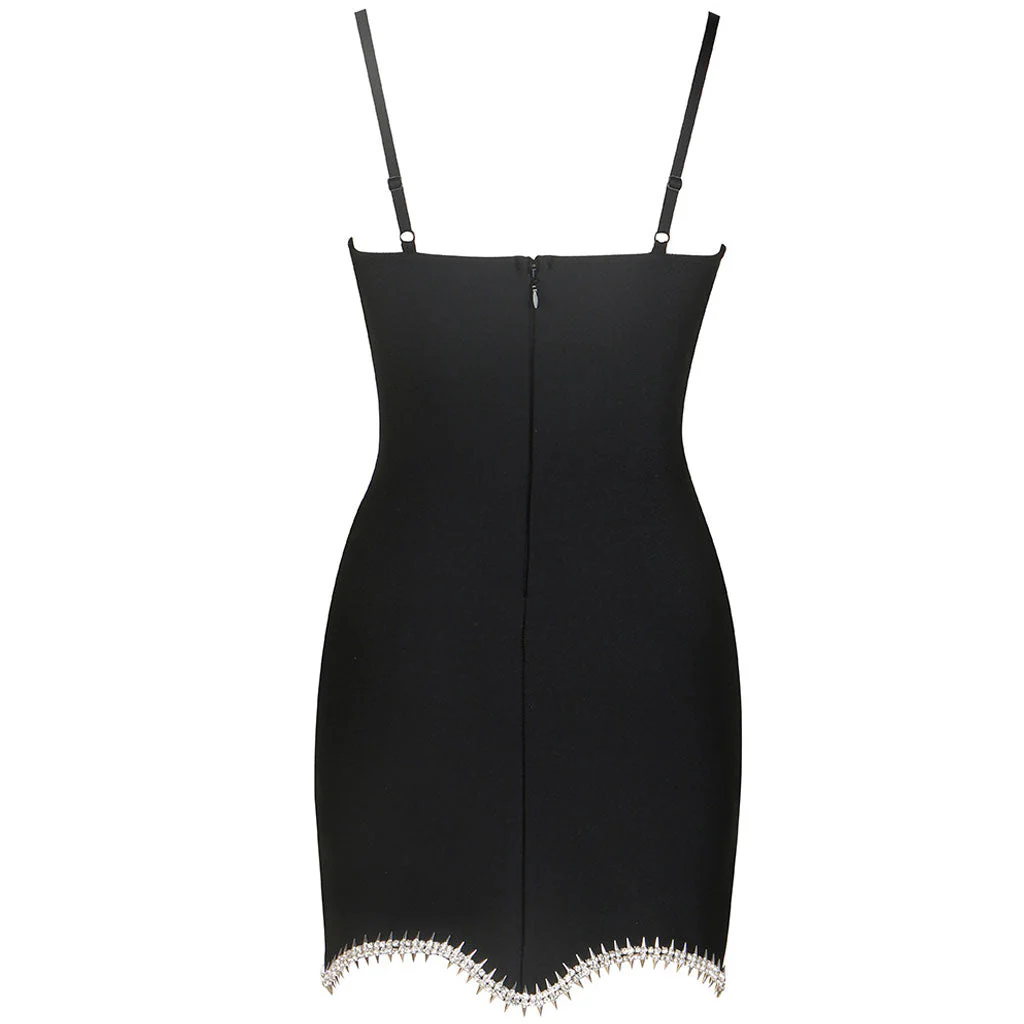 Crystal Bow Detail Sweetheart Cami Studded Curved Hem Mini Bandage Dress - Black - Image 4