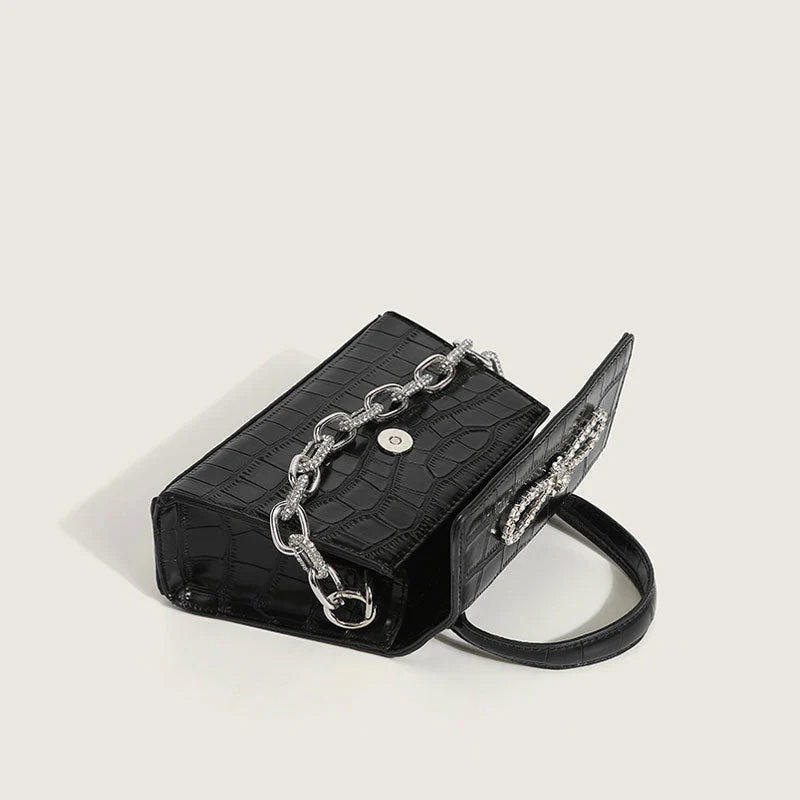 Crystal Bowknot Animal Pattern Chain Trim Faux Leather Handle Bag - Black - Image 2