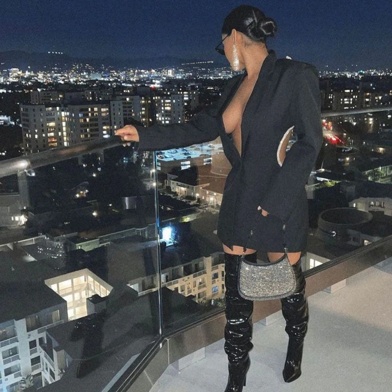 Crystal Knot Backless Single Breasted Tailored Blazer Mini Dress - Black - Image 4