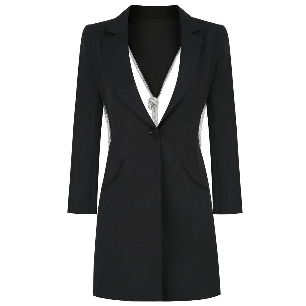 Crystal Knot Backless Single Breasted Tailored Blazer Mini Dress - Black - Image 5