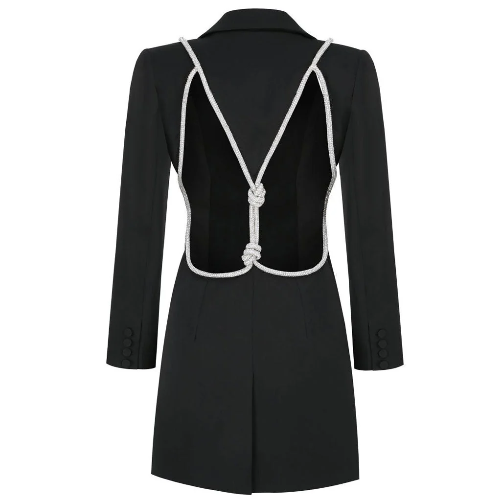 Crystal Knot Backless Single Breasted Tailored Blazer Mini Dress - Black - Image 6