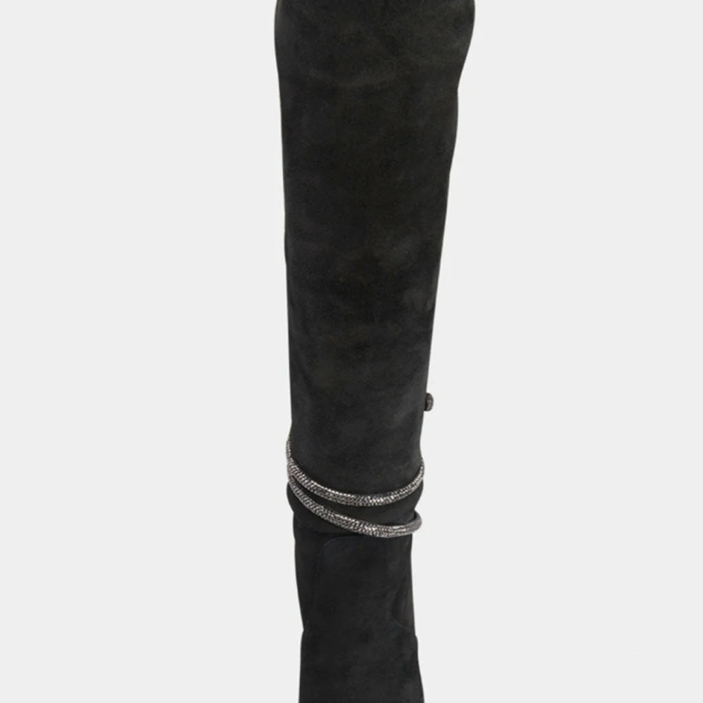 Crystal Snake Embellished Pointed Toe Over Knee Suede Boots - Black - Image 3