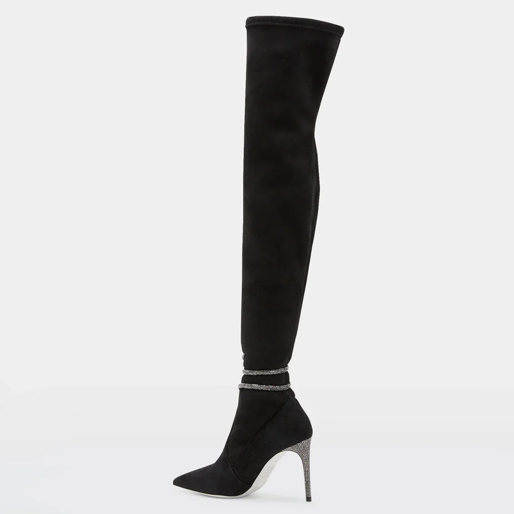 Crystal Snake Embellished Pointed Toe Over Knee Suede Boots - Black - Image 4