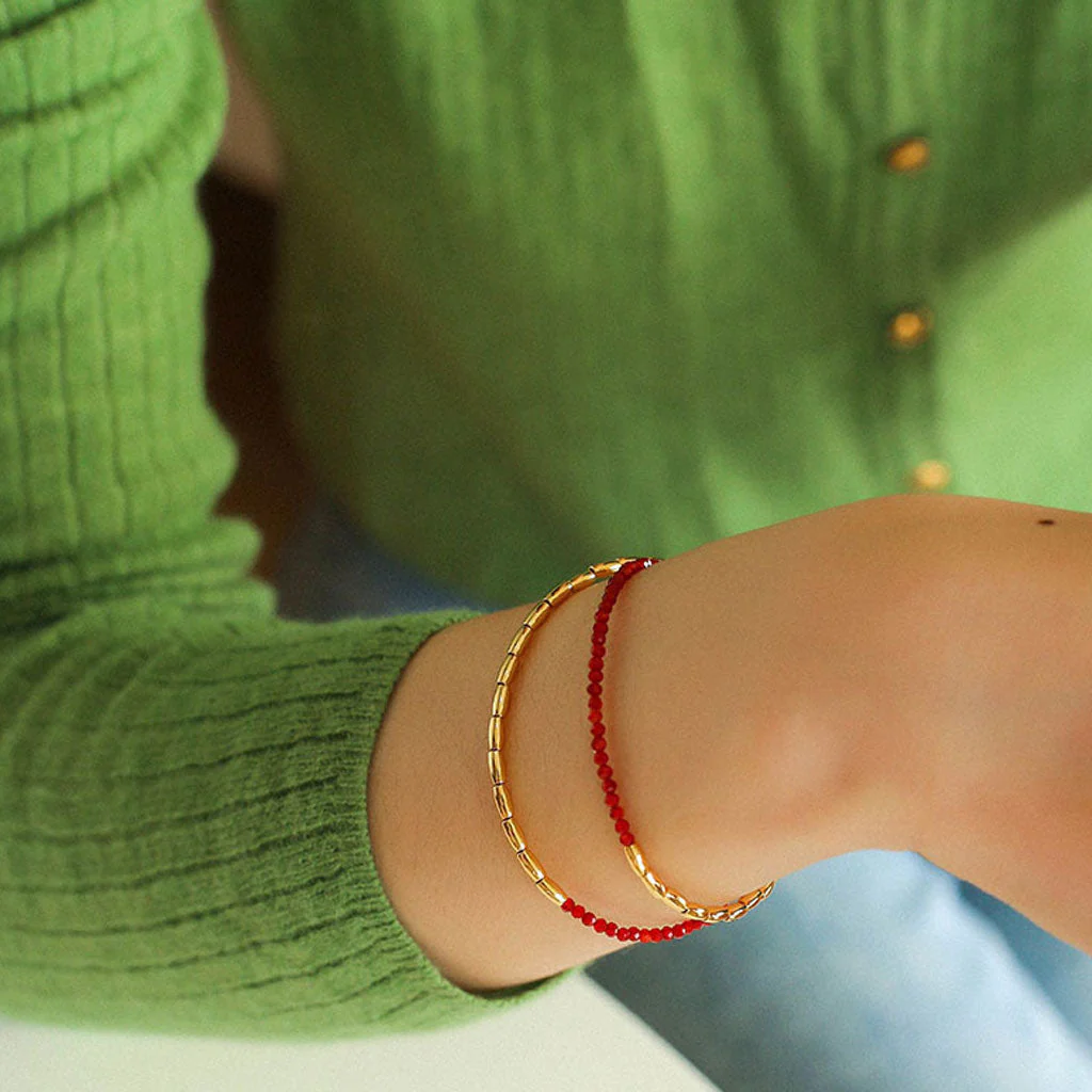 Cute 18K Gold Plated Double Line Colored Gemstone Beaded Bracelet - Image 4