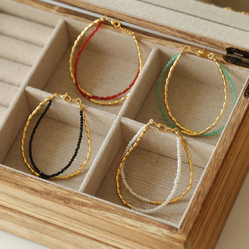 Cute 18K Gold Plated Double Line Colored Gemstone Beaded Bracelet - Image 6