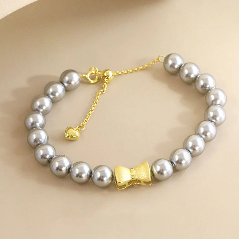 Cute Bow Knot Two Tone Bolo Slider Slider Sterling Crystal Pearl Bracelet - Image 3