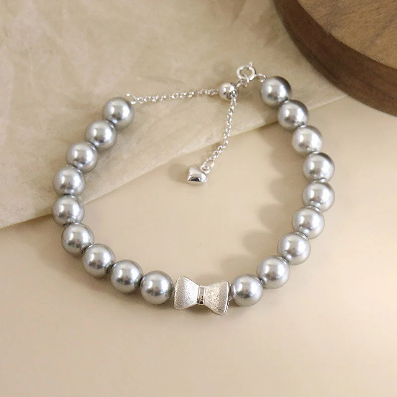 Cute Bow Knot Two Tone Bolo Slider Slider Sterling Crystal Pearl Bracelet - Image 4