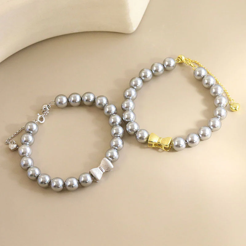 Cute Bow Knot Two Tone Bolo Slider Slider Sterling Crystal Pearl Bracelet - Image 5