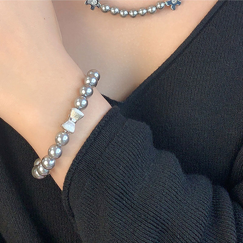 Cute Bow Knot Two Tone Bolo Slider Slider Sterling Crystal Pearl Bracelet - Image 6