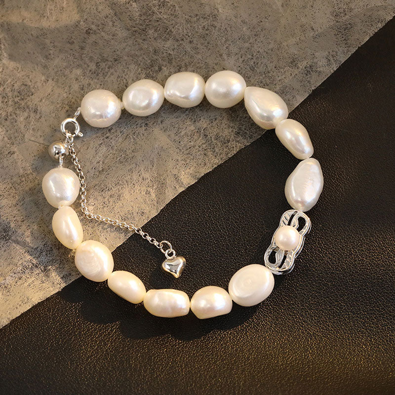 Cute Bow Knot Two Tone Bolo Slider Sterling Silver Baroque Pearl Bracelet - Image 4