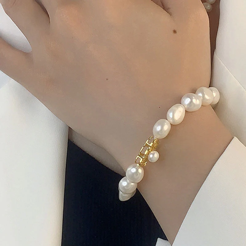 Cute Bow Knot Two Tone Bolo Slider Sterling Silver Baroque Pearl Bracelet - Image 5