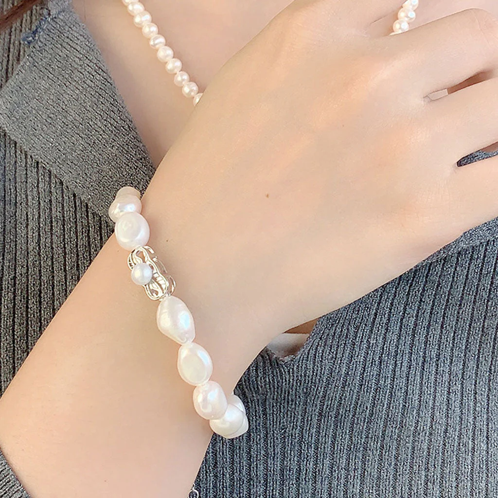 Cute Bow Knot Two Tone Bolo Slider Sterling Silver Baroque Pearl Bracelet - Image 6
