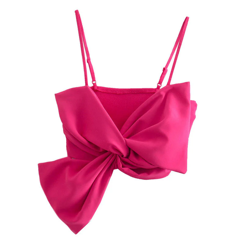 Cute Bow Tie Embellished Ribbed Trim Sleeveless Crop Top - Hot Pink - Image 2
