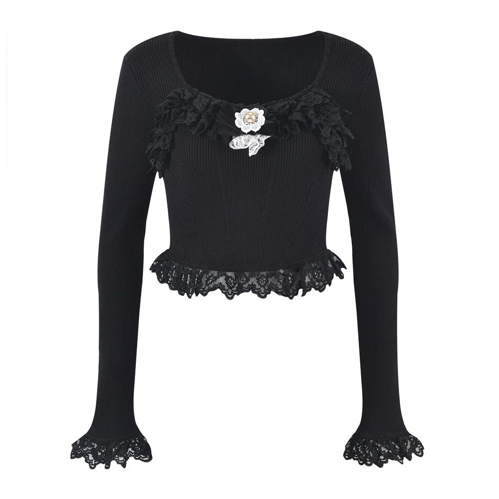 Cute Bow Trim Scoop Neck Lace Detail Long Sleeve Cropped Rib Knit Top - Image 2