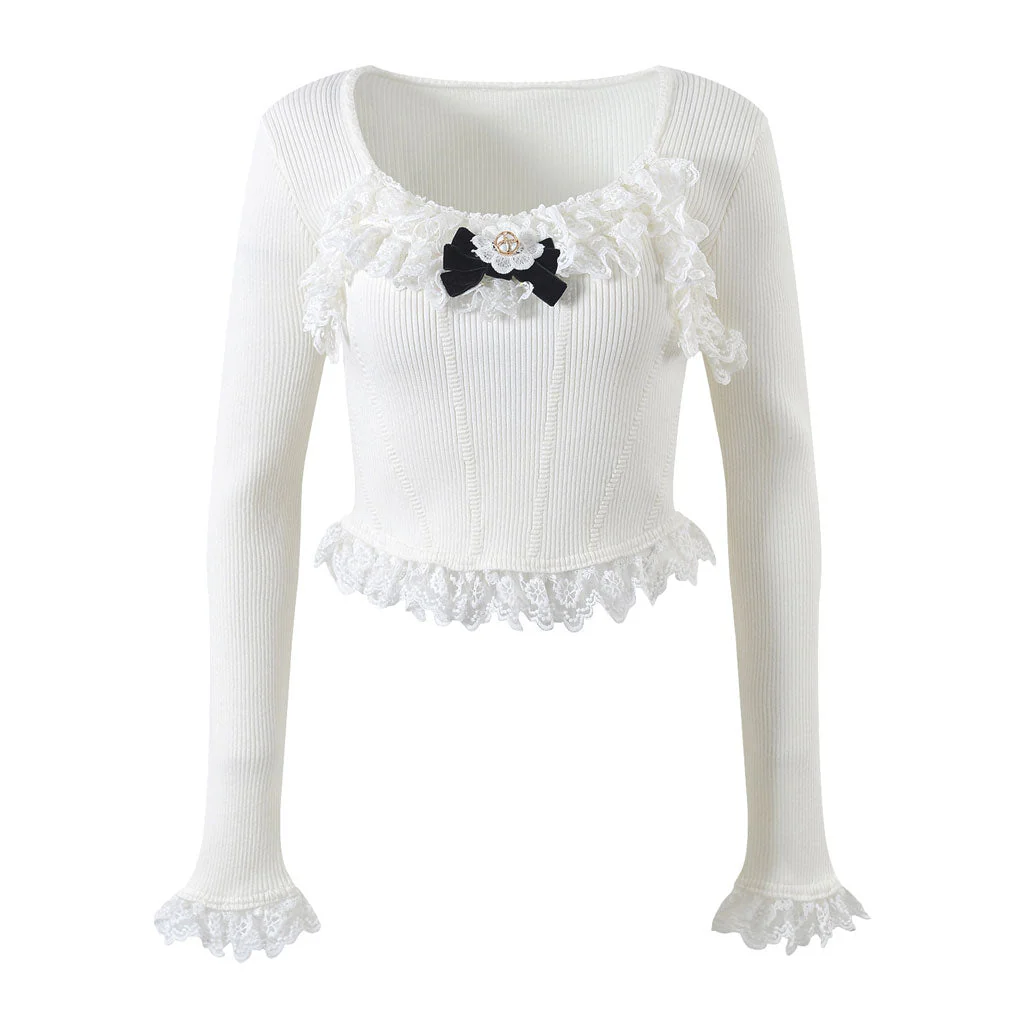 Cute Bow Trim Scoop Neck Lace Detail Long Sleeve Cropped Rib Knit Top - Image 3