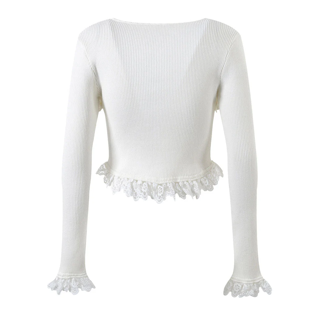 Cute Bow Trim Scoop Neck Lace Detail Long Sleeve Cropped Rib Knit Top - Image 4