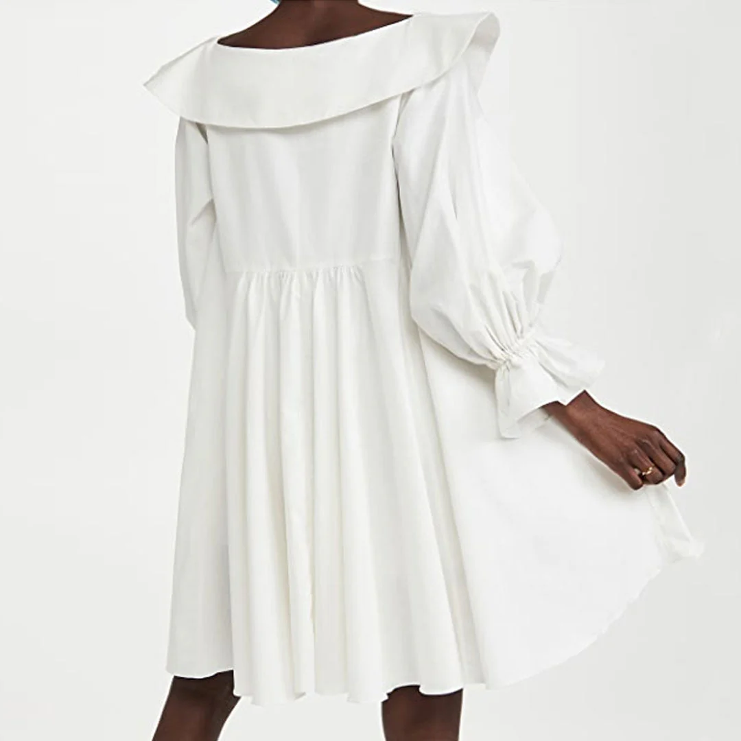 Cute Chelsea Collar V Neck Balloon Sleeve Babydoll Mini Dress - White - Image 4