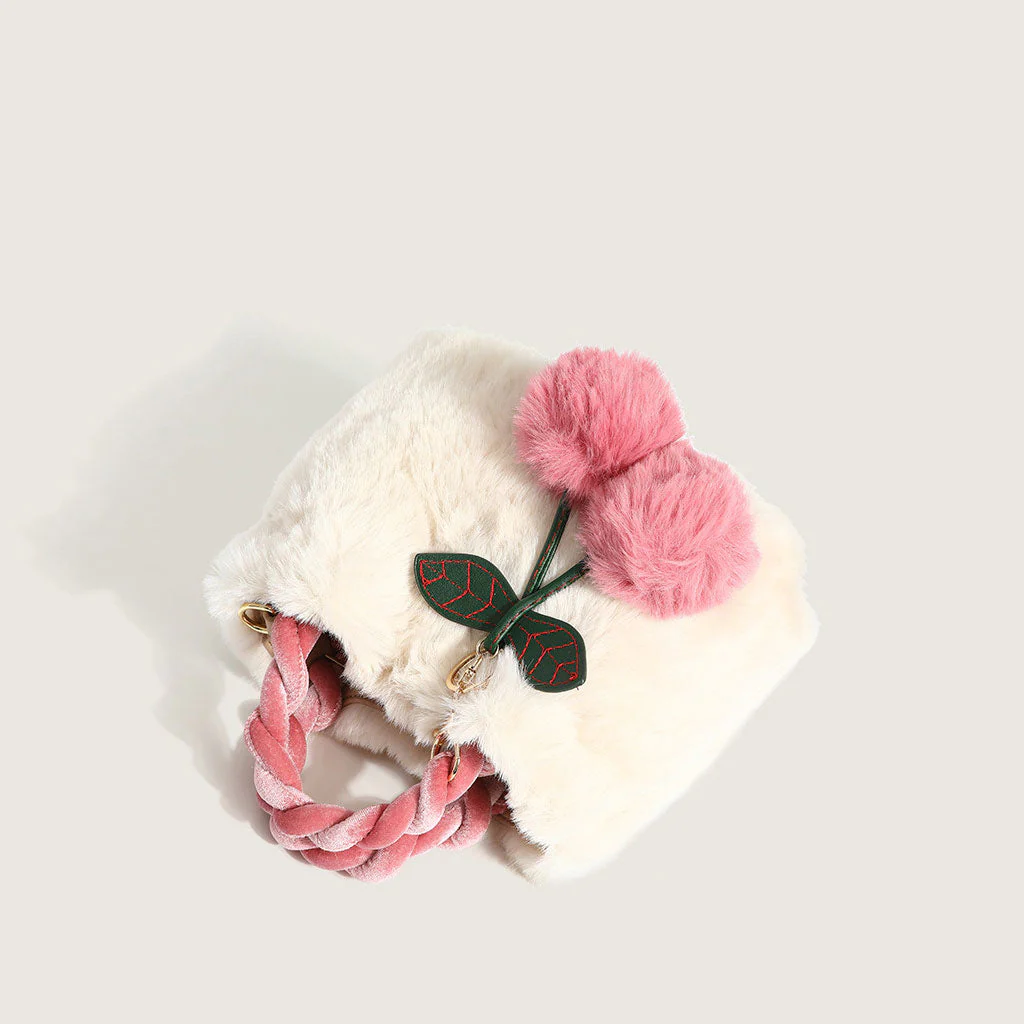 Cute Cherry Trim Twist Shoulder Strap Fluffy Tote Bag - White - Image 3