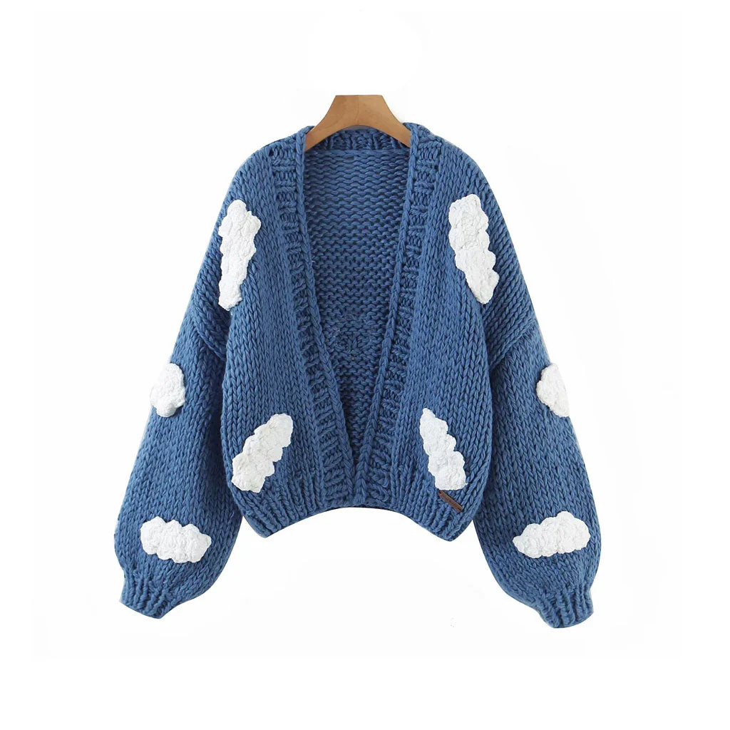 Cute Cloud Studded Bishop Sleeve Open Front Cardigan - Blue - Image 3