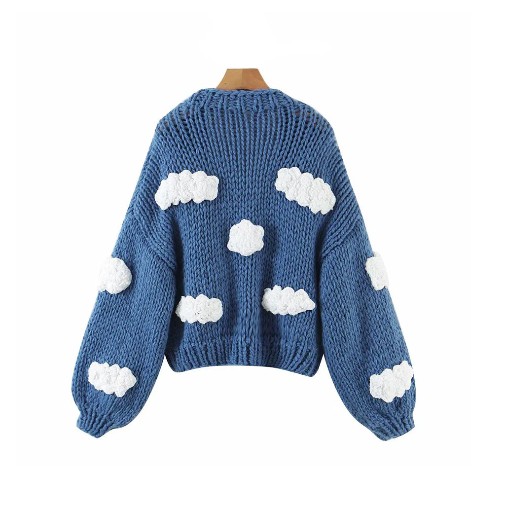 Cute Cloud Studded Bishop Sleeve Open Front Cardigan - Blue - Image 4