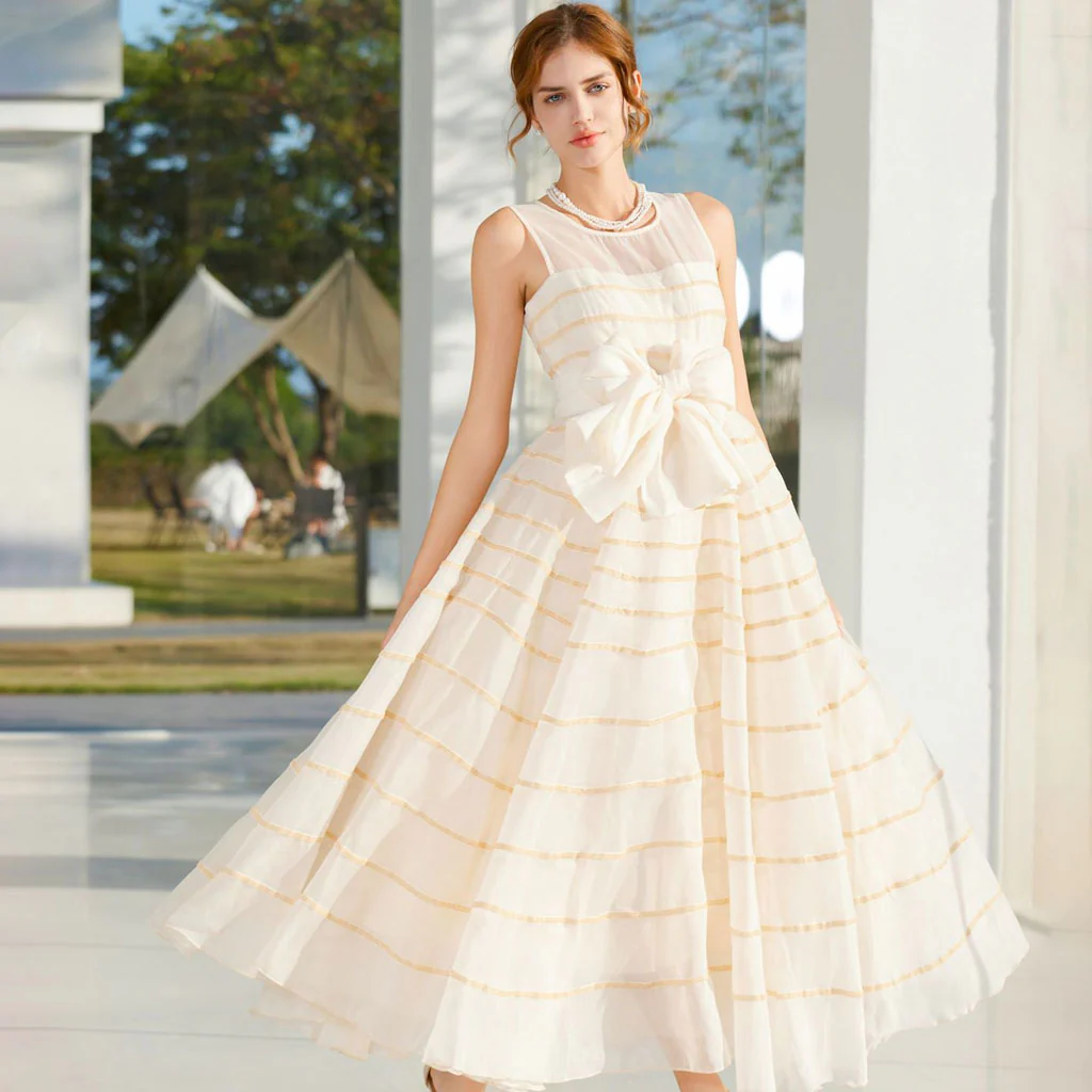 Cute Crew Neck Bow Tie High Waist A Line Sleeveless Striped Tulle Maxi Dress - Image 2