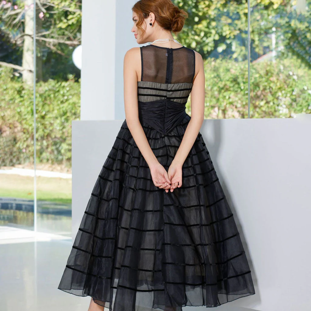 Cute Crew Neck Bow Tie High Waist A Line Sleeveless Striped Tulle Maxi Dress - Image 7