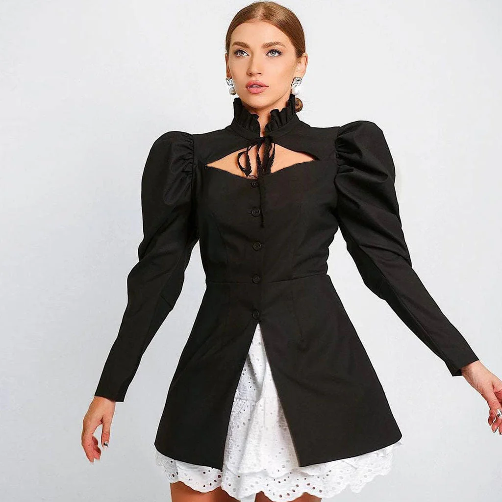 Cute Cut Out Ruffle Collared Long sleeve Button Up Blouse - Black - Image 2