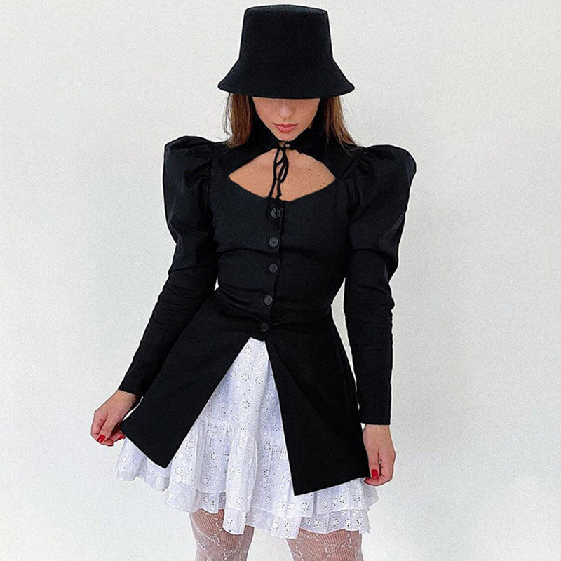 Cute Cut Out Ruffle Collared Long sleeve Button Up Blouse - Black - Image 3