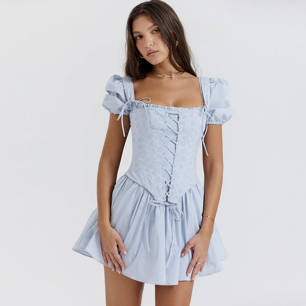Cute Floral Embroidered Lace Up Vest Square Neck Mini Puff Sleeve SunDress - Image 5