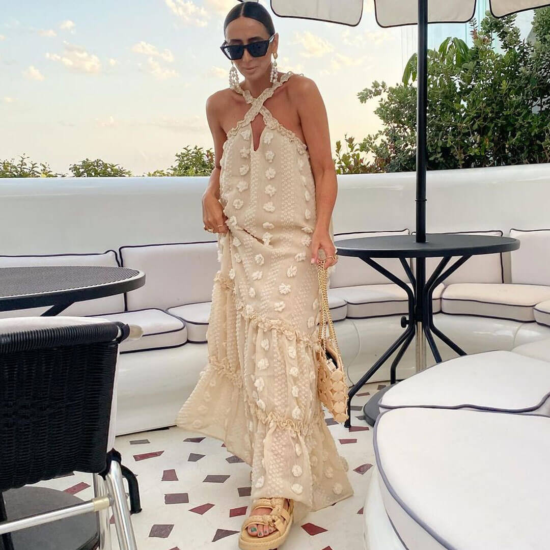 Cute Rosette Floral Ruffle Cross Cutout Sleeveless Maxi Dress - Beige - Image 2