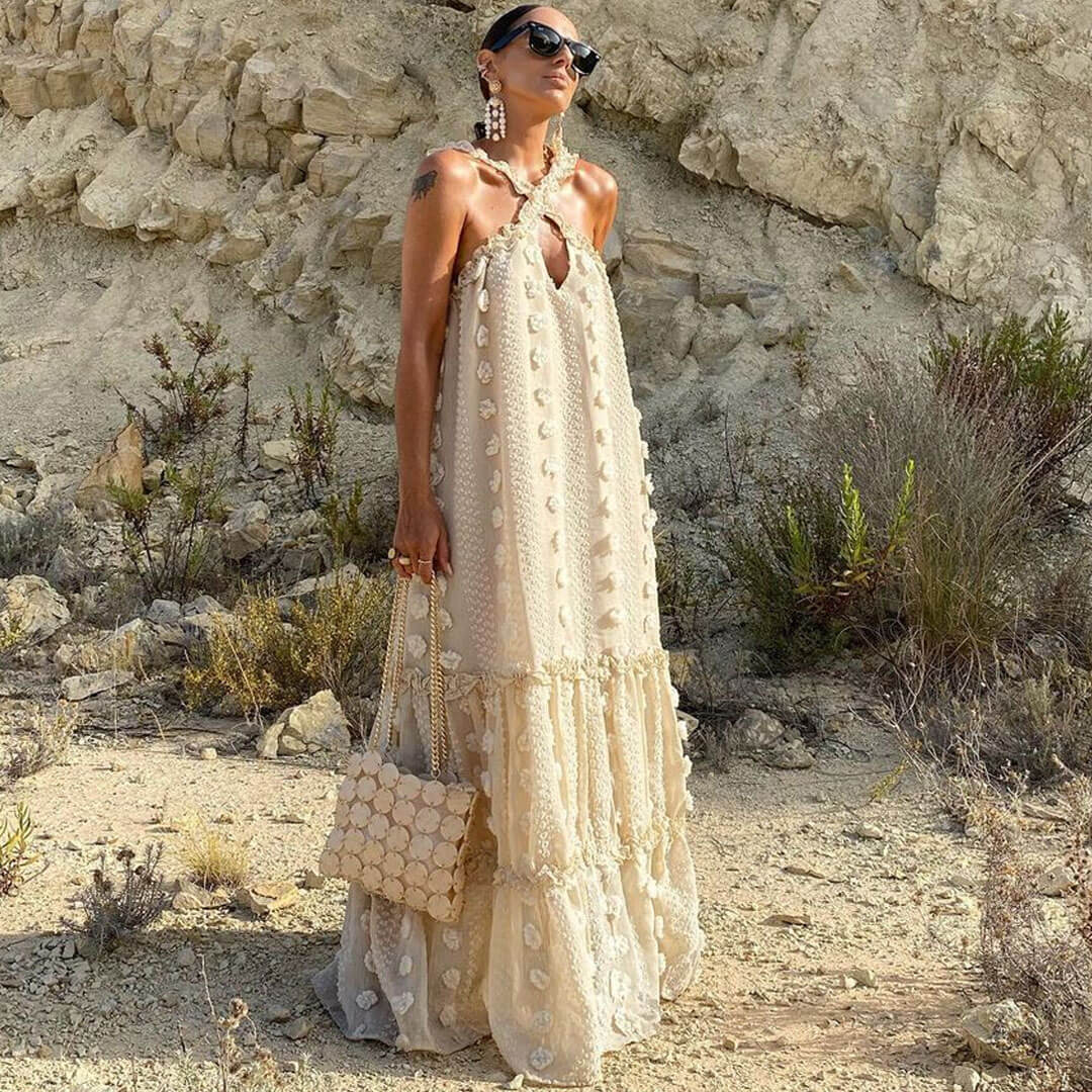 Cute Rosette Floral Ruffle Cross Cutout Sleeveless Maxi Dress - Beige - Image 3