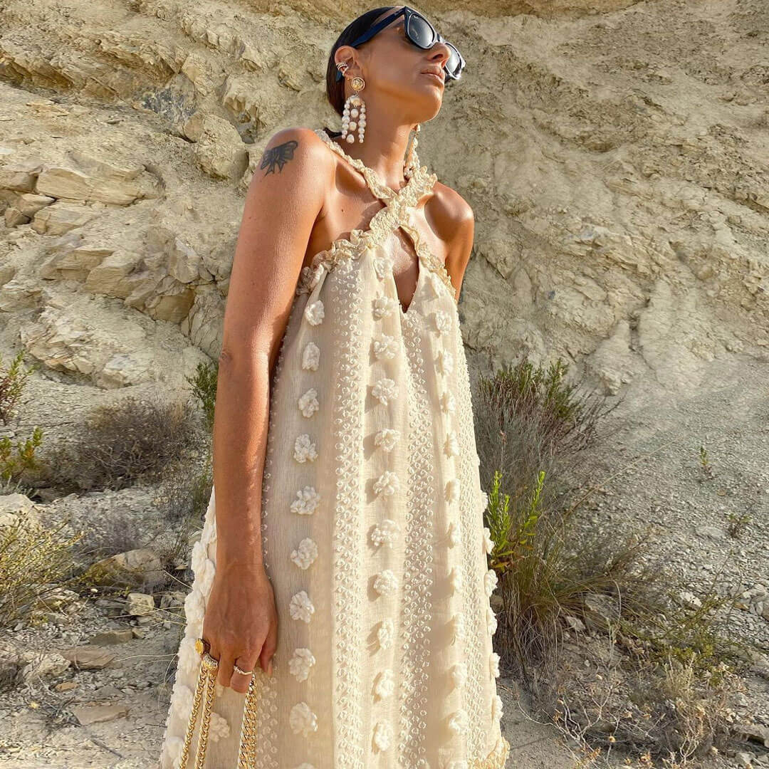 Cute Rosette Floral Ruffle Cross Cutout Sleeveless Maxi Dress - Beige - Image 4