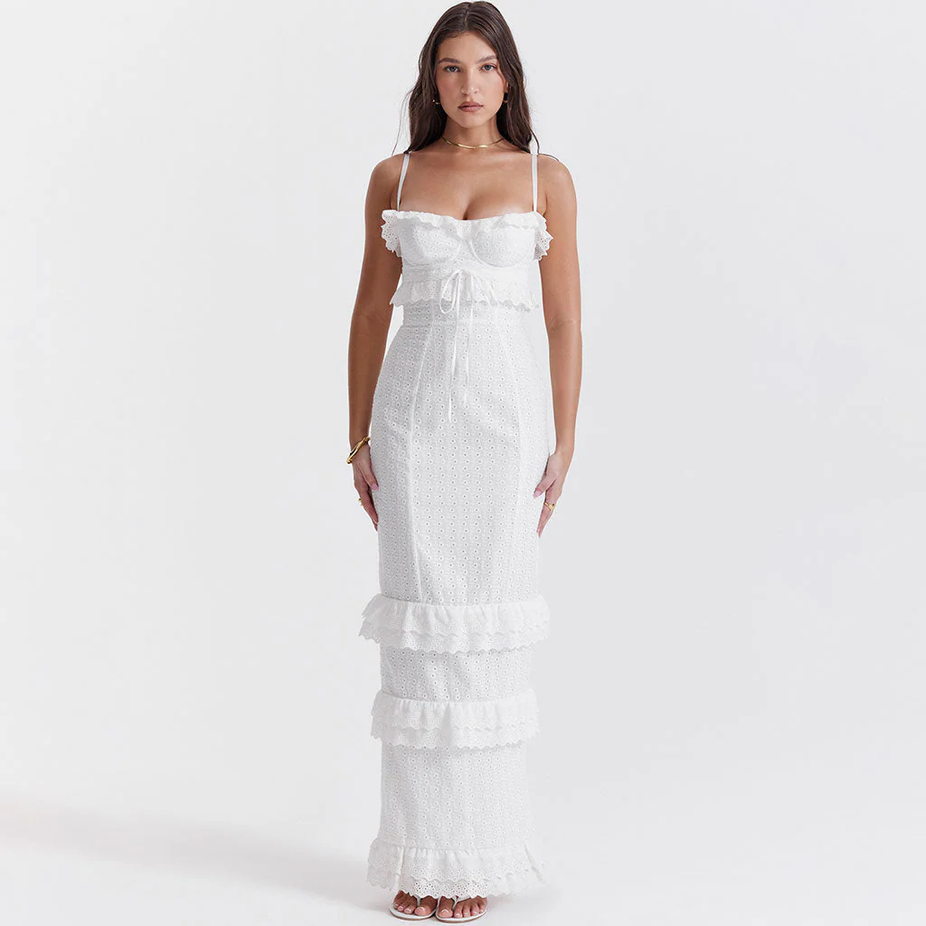 Cute Layered Ruffle Bustier Cami Back Split Broderie Anglaise Maxi Dress - Image 4