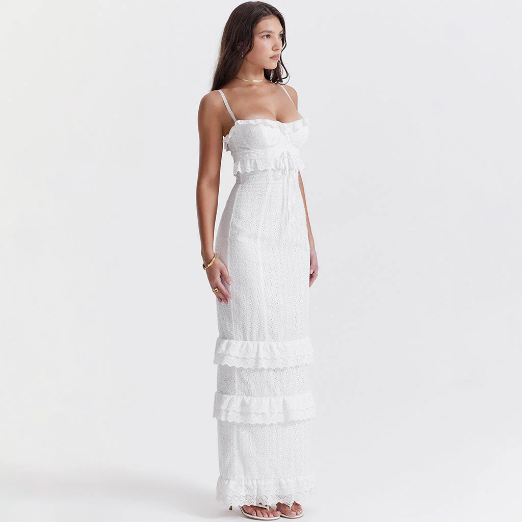 Cute Layered Ruffle Bustier Cami Back Split Broderie Anglaise Maxi Dress - Image 5