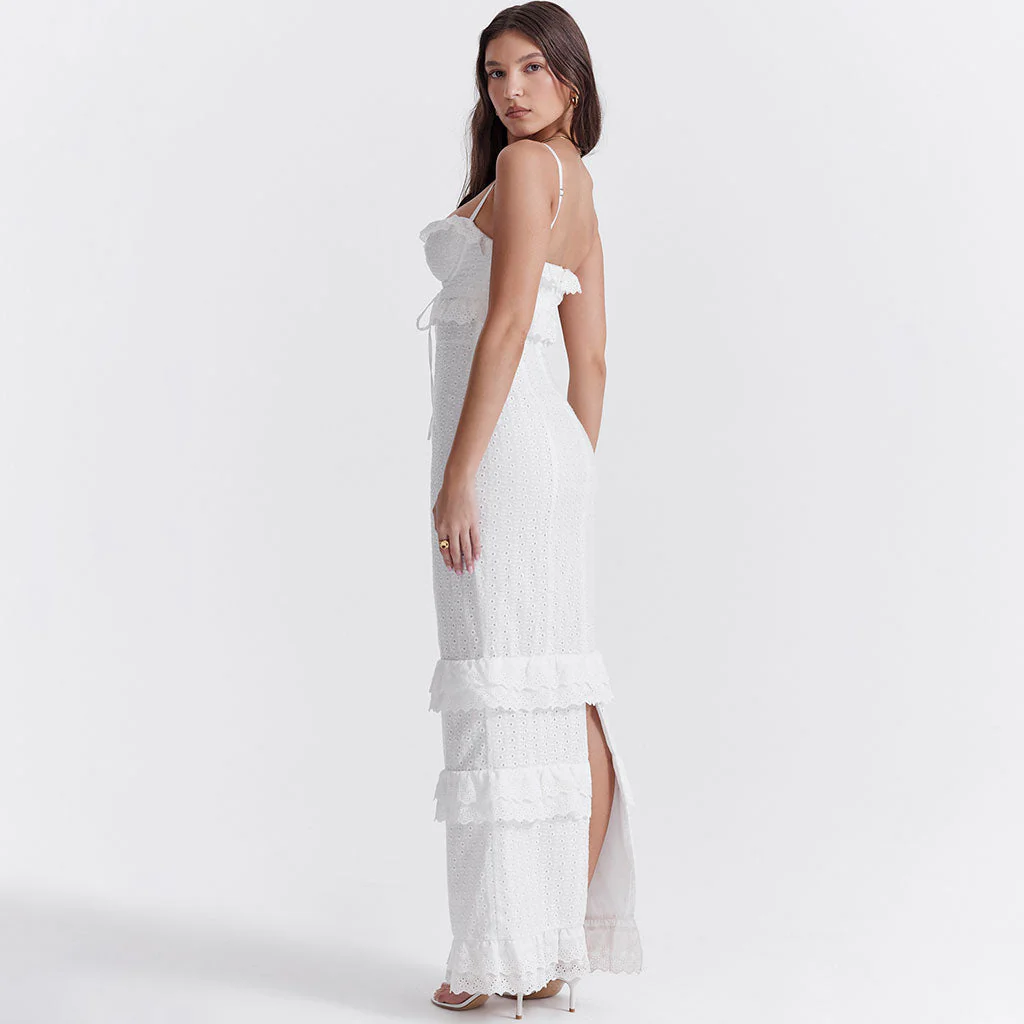 Cute Layered Ruffle Bustier Cami Back Split Broderie Anglaise Maxi Dress - Image 6