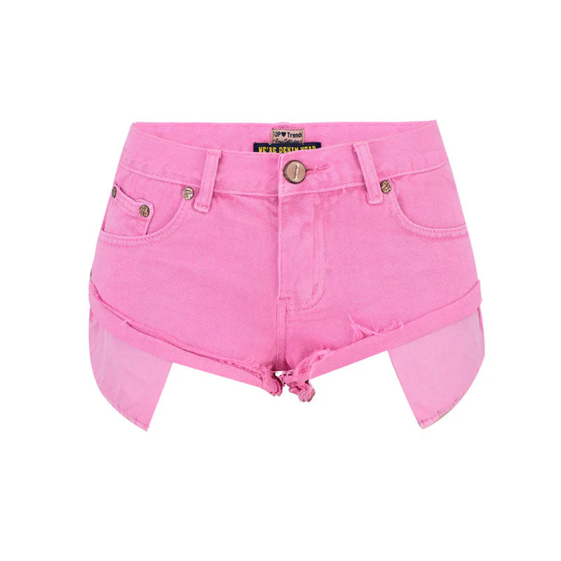 Cute Macaron Color Low Rise Distressed Denim Shorts - Pink - Image 3