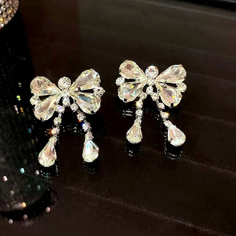 Cute Plated Rhinestone Embellished Bow Motif Drop Earrings - Silver - Image 2