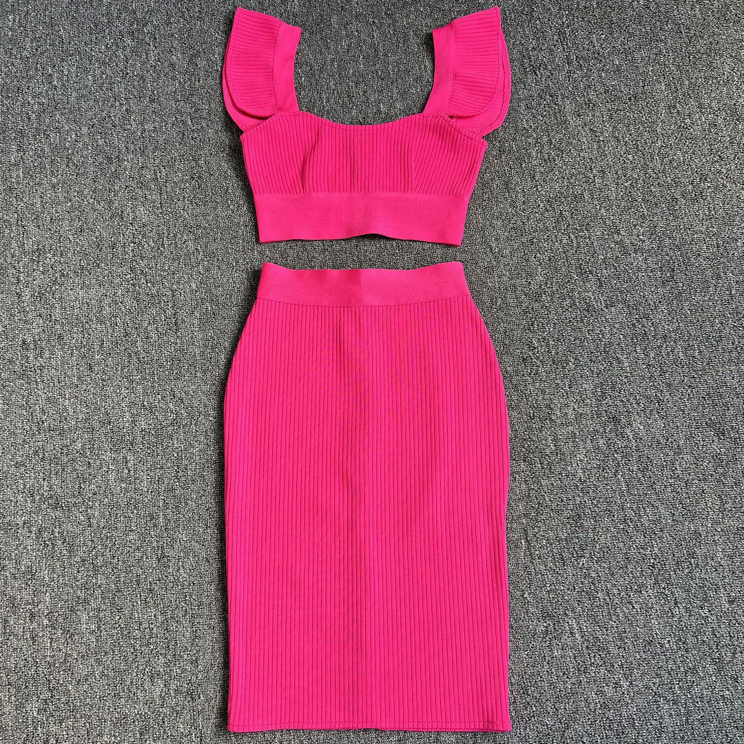 Cute Rib Knit Bandage Crop Top Bodycon Midi Skirt Matching Set - Hot Pink - Image 3