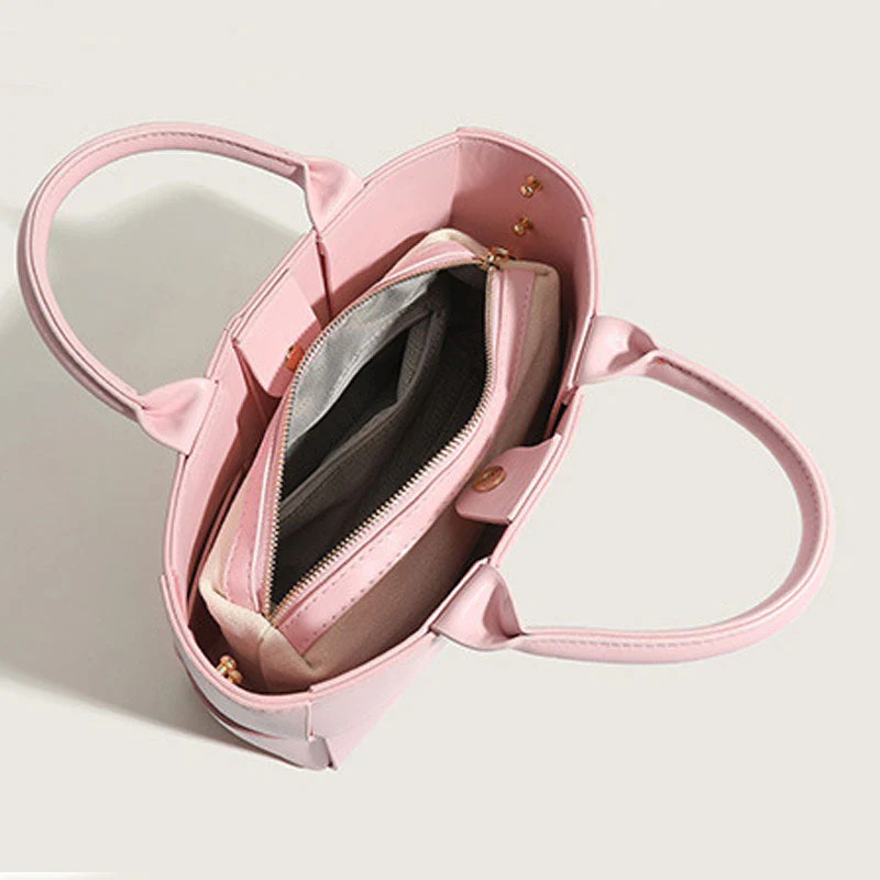 Cute Solid Color Intrecciato Vegan Leather Top Handle Tote Bag - Pink - Image 2