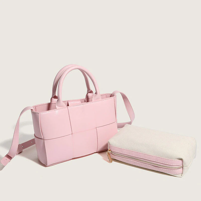 Cute Solid Color Intrecciato Vegan Leather Top Handle Tote Bag - Pink - Image 3