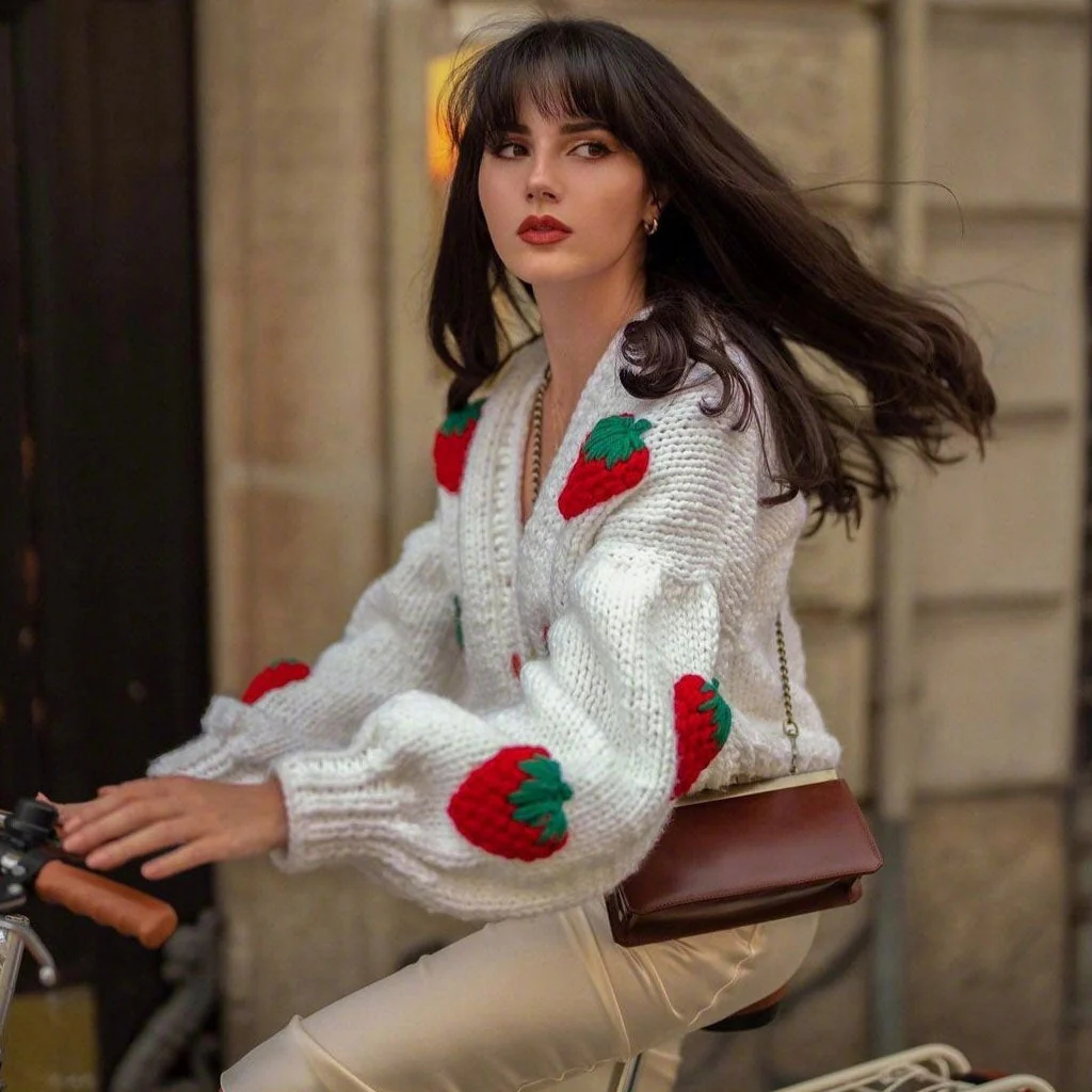 Cute Strawberry Studded Bishop Sleeve Button Up Cardigan - White - Image 2