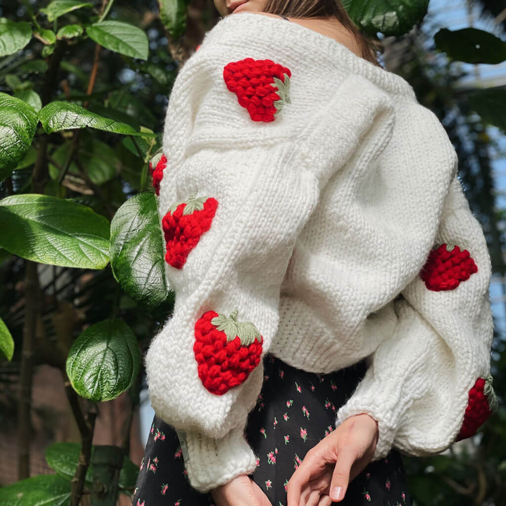 Cute Strawberry Studded Bishop Sleeve Button Up Cardigan - White - Image 4