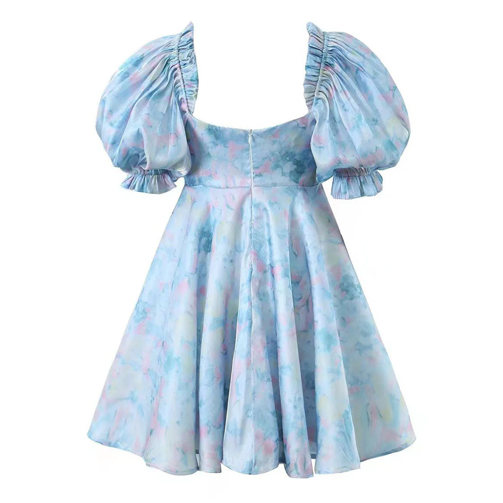 Cute Tie Dye Printed Sweetheart Neck Puff Sleeve Fit and Flare Summer Mini Dress - Image 2