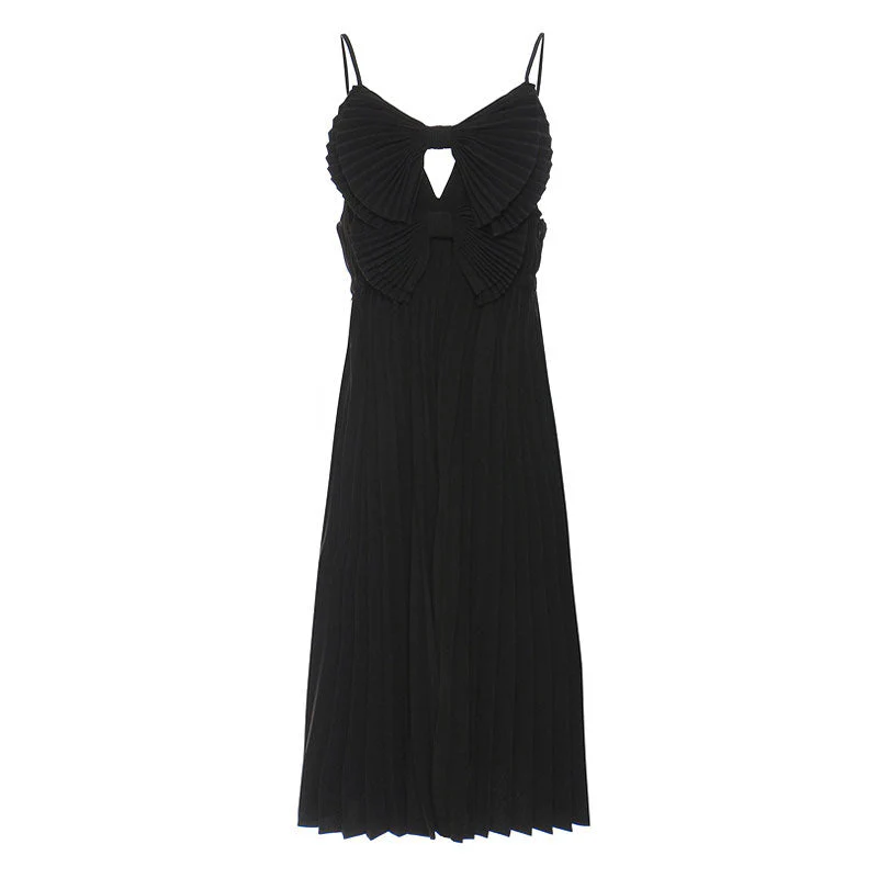Cute V Neck Big Dual Bow Spaghetti Strap Pleated Midi Chiffon Slip Dress - Image 2