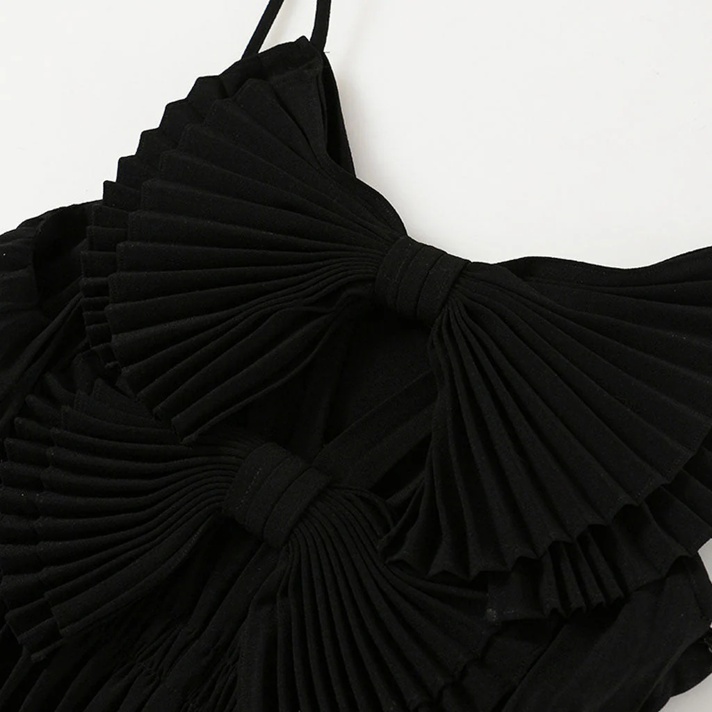 Cute V Neck Big Dual Bow Spaghetti Strap Pleated Midi Chiffon Slip Dress - Image 3