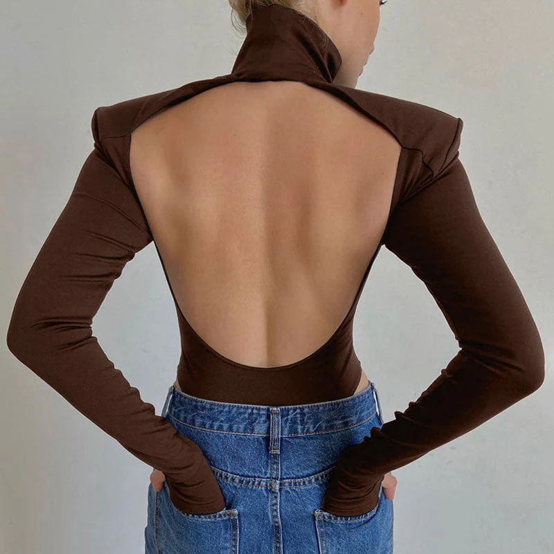 Cutout Back Long Sleeve High Cut Turtleneck Bodysuit - Coffee - Image 2
