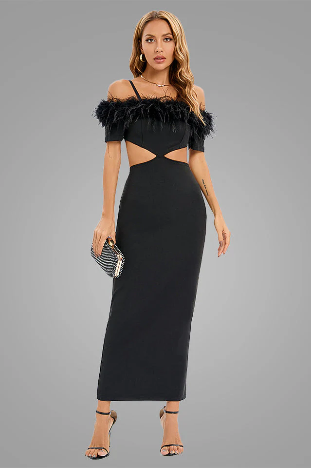Cutout Feather Trim Spaghetti Strap Dress - Image 3