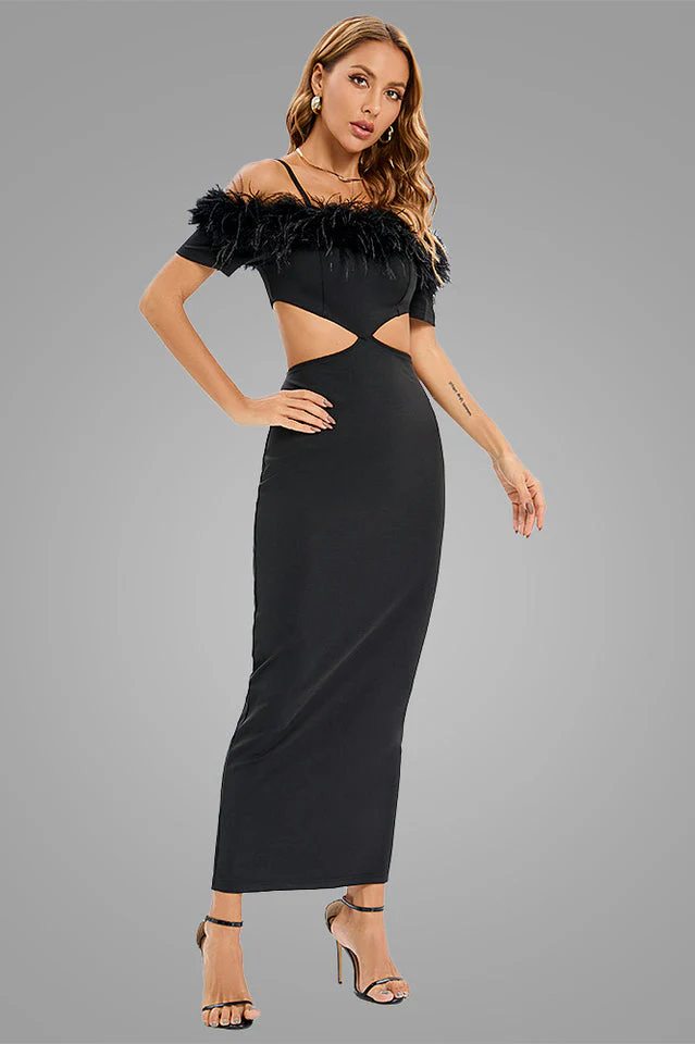 Cutout Feather Trim Spaghetti Strap Dress - Image 4