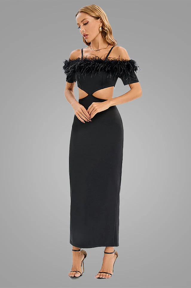 Cutout Feather Trim Spaghetti Strap Dress - Image 5